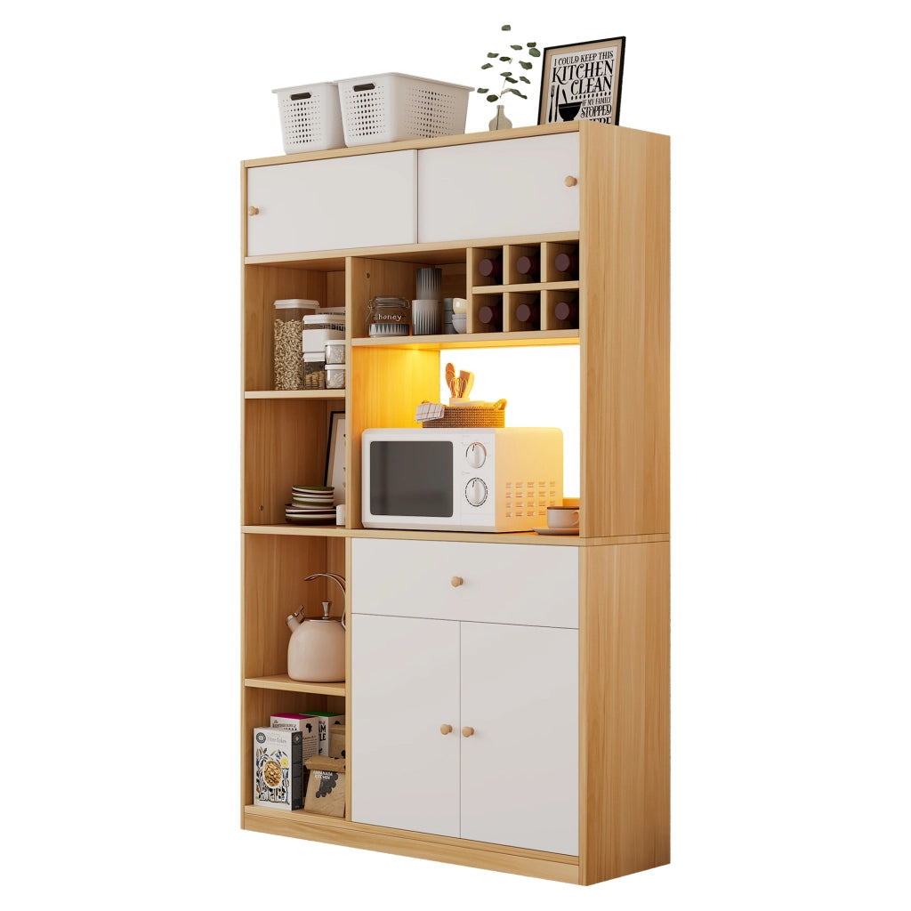 Credenza da Cucina Alta con 3 Ante; 1 Cassetto; Ripiani Aperti e LED per Cucina in Pannelli; Bianco Naturale 115x35x180 cm