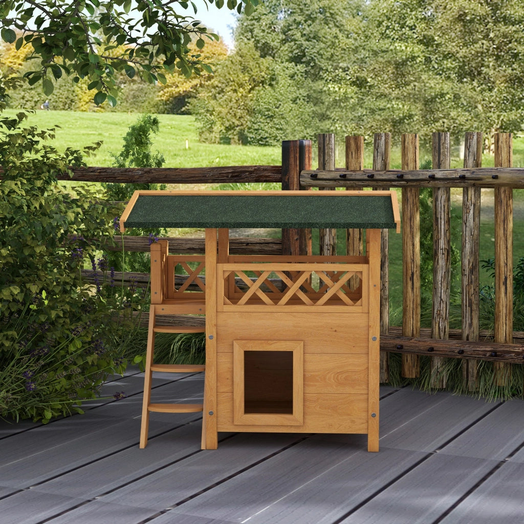 Casetta per Gatti con Terrazza ¨C Zephmum ¨C Legno Naturale e Verde 77x50x73 cm