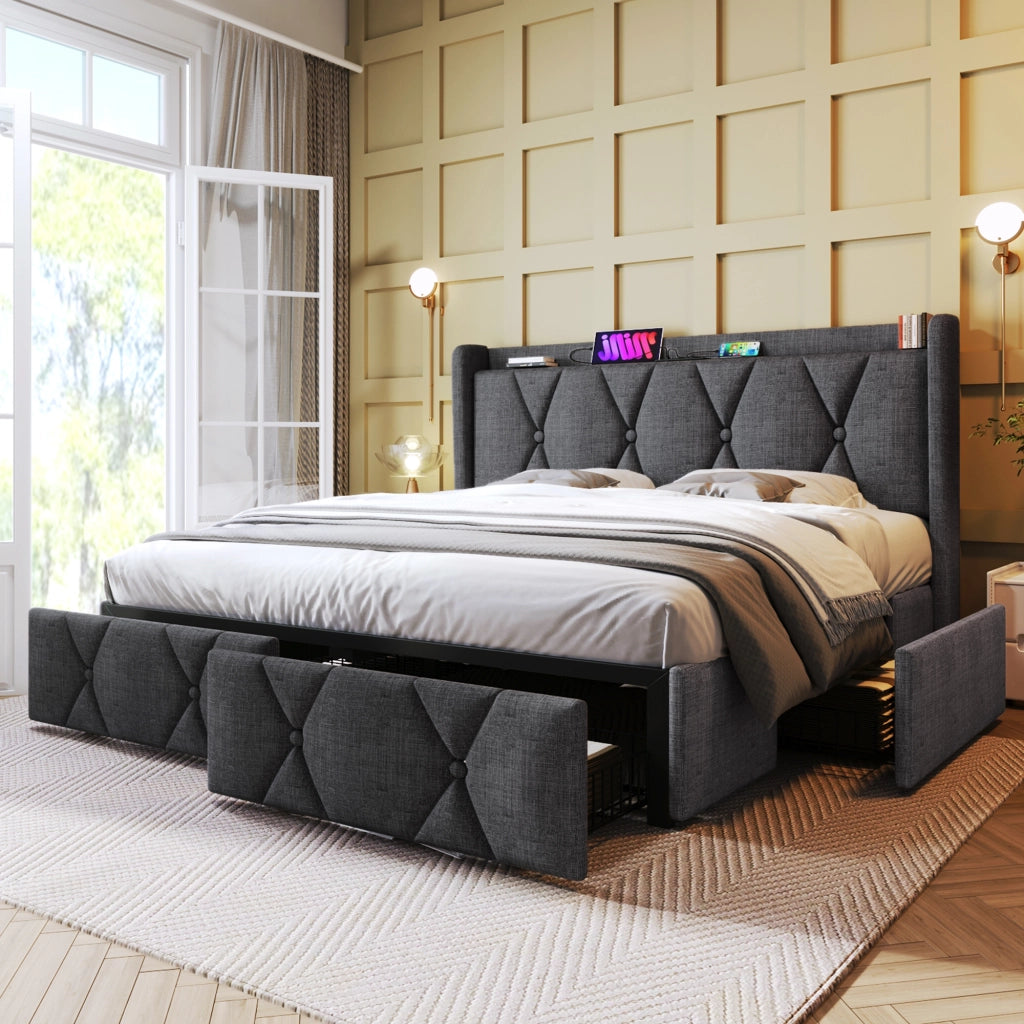 DESMIU Letto contenitore matrimoniale 140 × 200 cm con 4 cassetti, USB e materasso incluso, grigio