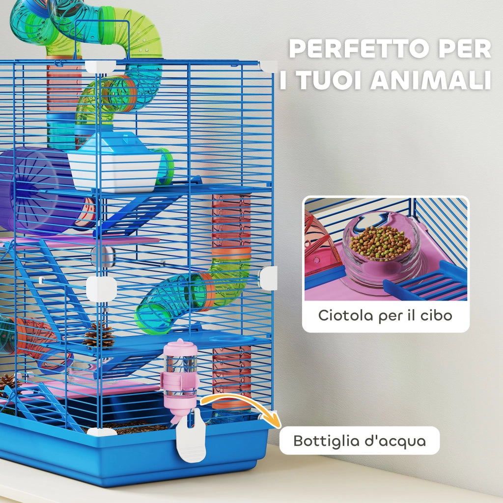 Gabbia per Criceti a 5 Piani 46x30x58 cm con Tubi Colorati e Accessori in Metallo Blu