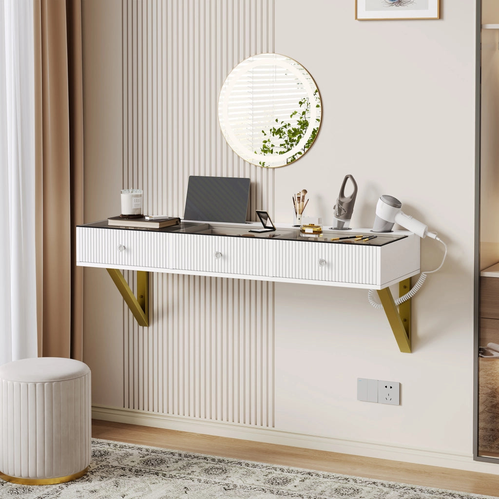 TOELETTA 120x40x45 cm Bianca con 3 cassetti e piano in vetro