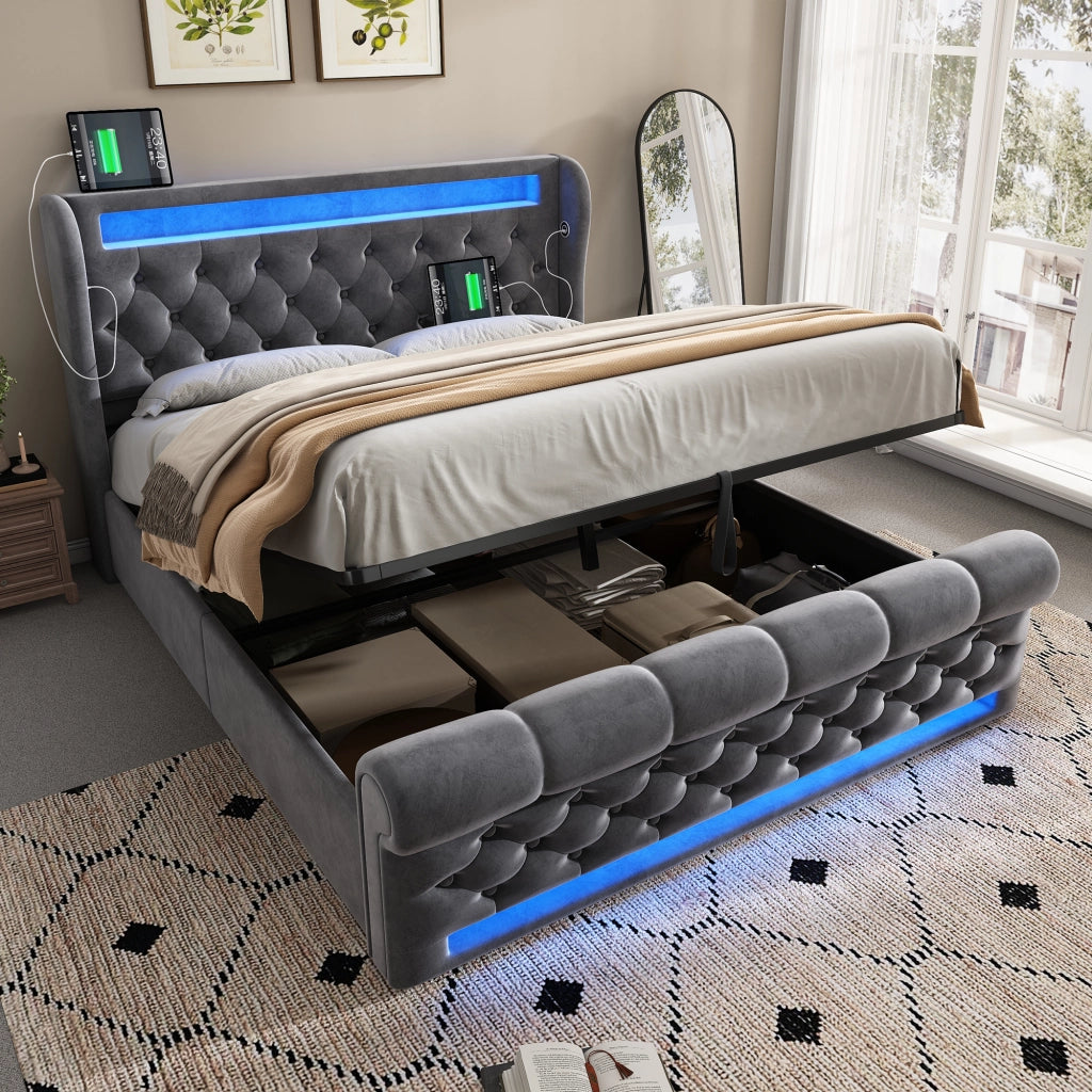 LETTO imbottito 140x190 cm in velluto grigio con LED, USB e Type C