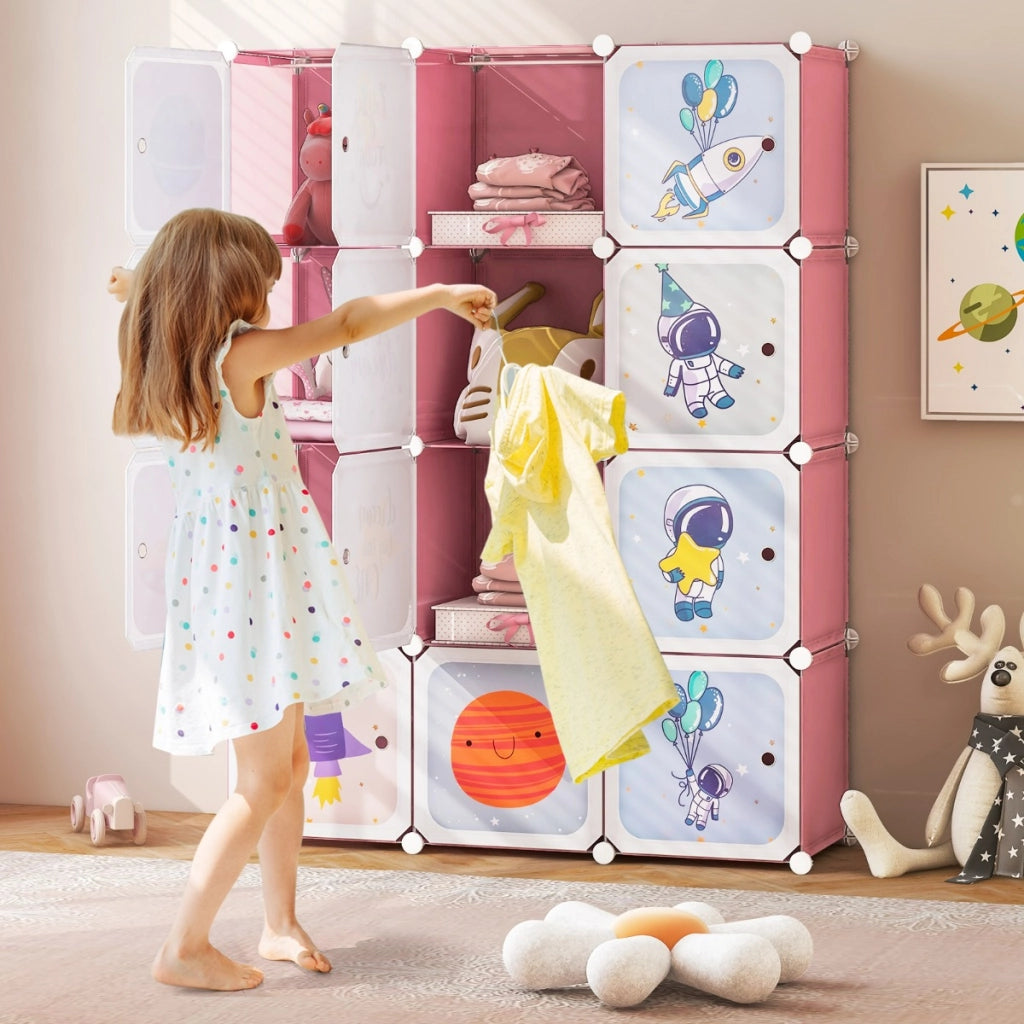 Armadio a 12 cubi per bambini con 2 barre appendiabiti motivi adorabili, Armadio per cameretta 109x37x145cm Rosa-Armadi Appendiabiti