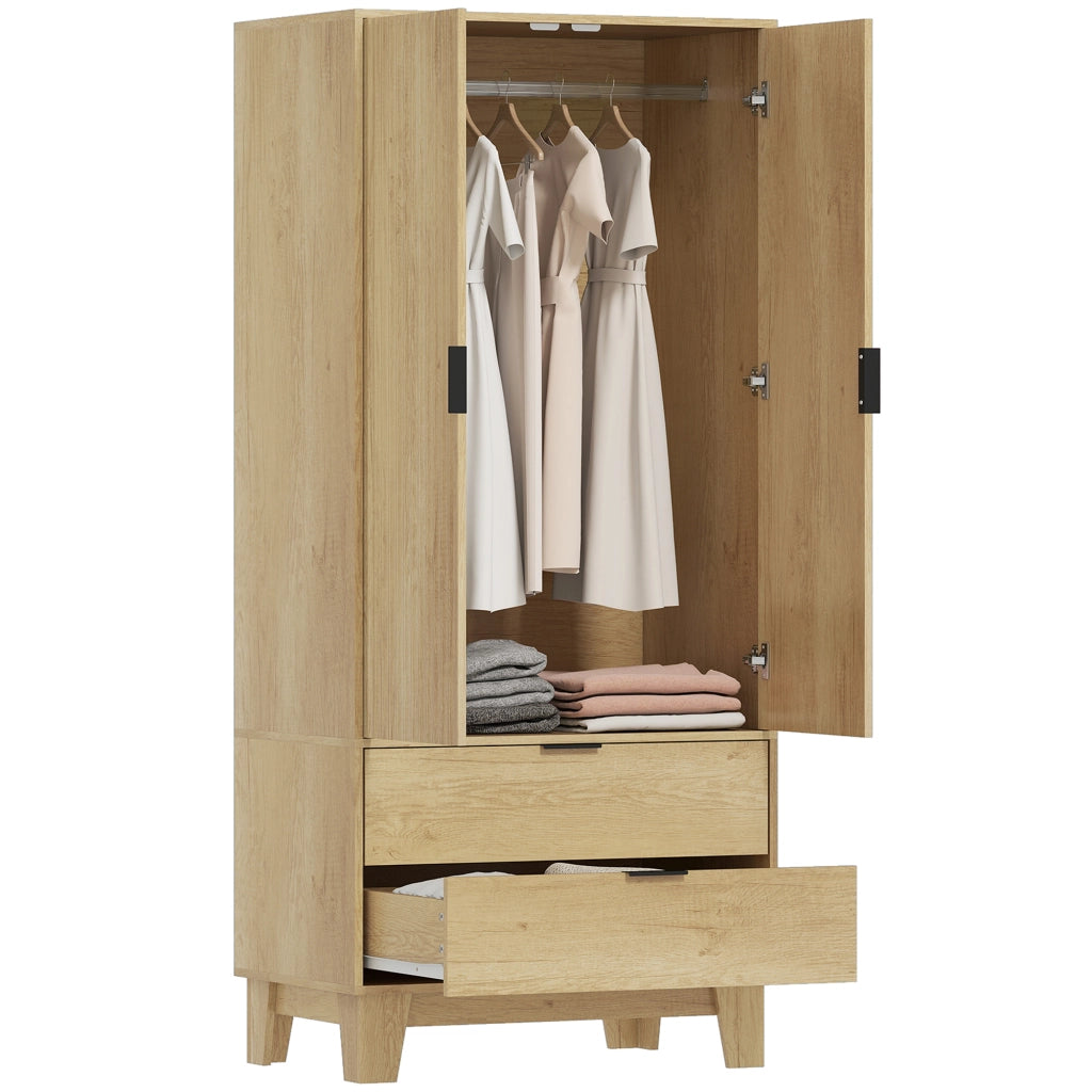 Armadio 2 ante scorrevoli ¨C Xylo ¨C 2 cassetti, barra appendiabiti, legno naturale, 80x50x180cm