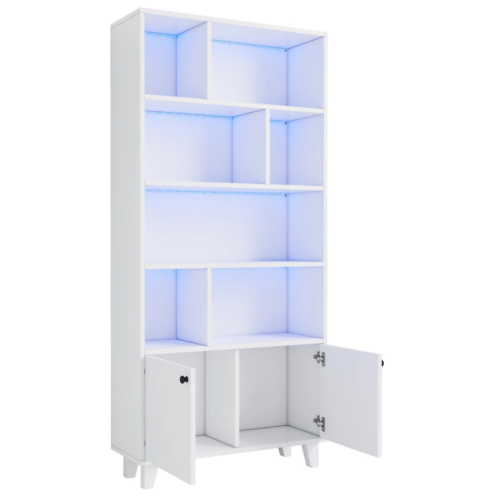 Libreria 80x30x173 cm con LED controllata tramite app e ante doppie in MDF e legno bianco