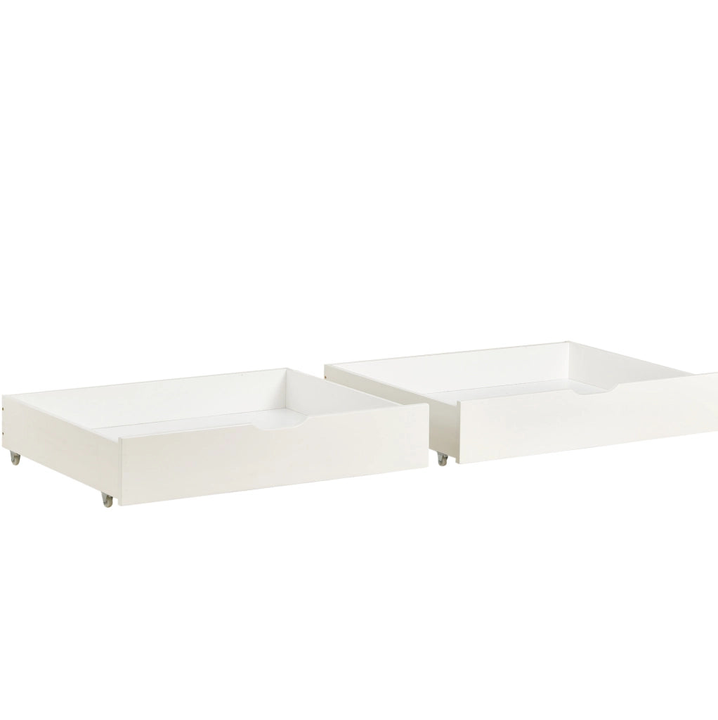 Cassetti contenitore con ruote in MDF bianco; set da 2
