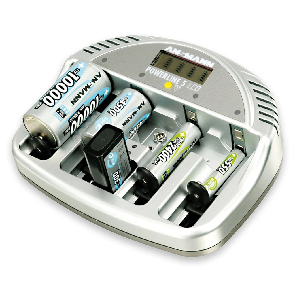 CARICABATTERIA POWERLINE 5 LCD ANSMANN per batterie Micro AAA, Mignon AA, Baby C, Mono D e 9V