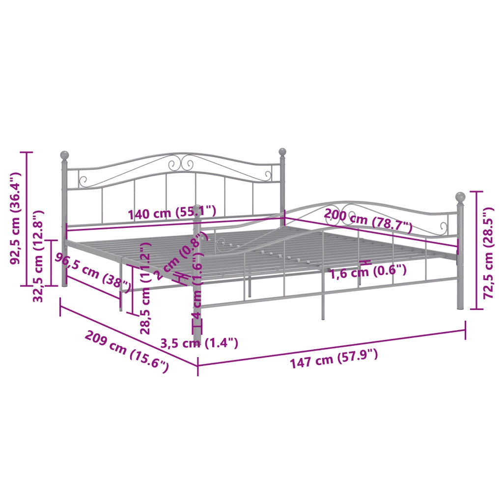 Letto matrimoniale | Letto per adulti | Giroletto Grigio in Metallo 140x200 cm
