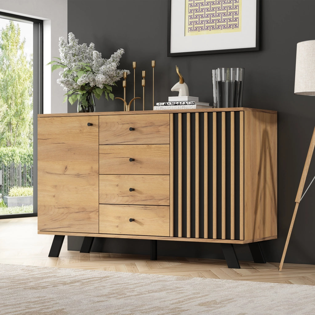 CREDENZA 120x38x75 cm MDF Nero e Legno con 4 Cassetti e 2 Ante