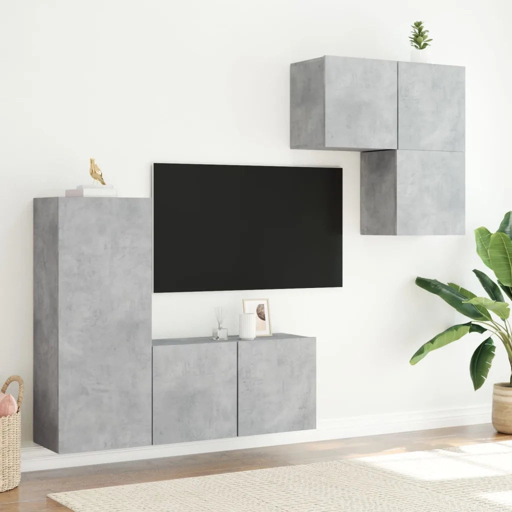 Mobili TV a Muro con LED 4pz | Armadietto TV | Mobile Porta TV Grigio Cemento Legno Multistrato