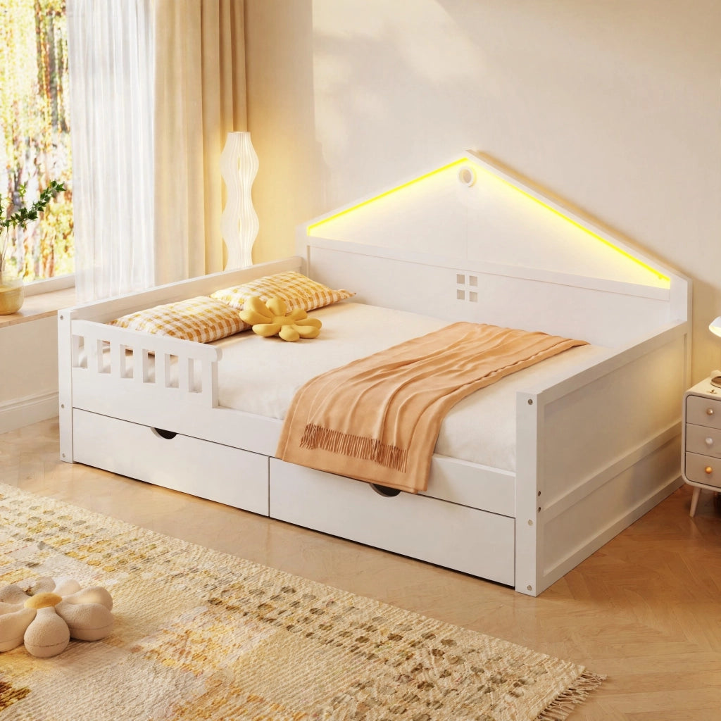 LETTO con cassetti e barra LED 140x200 cm Bianco