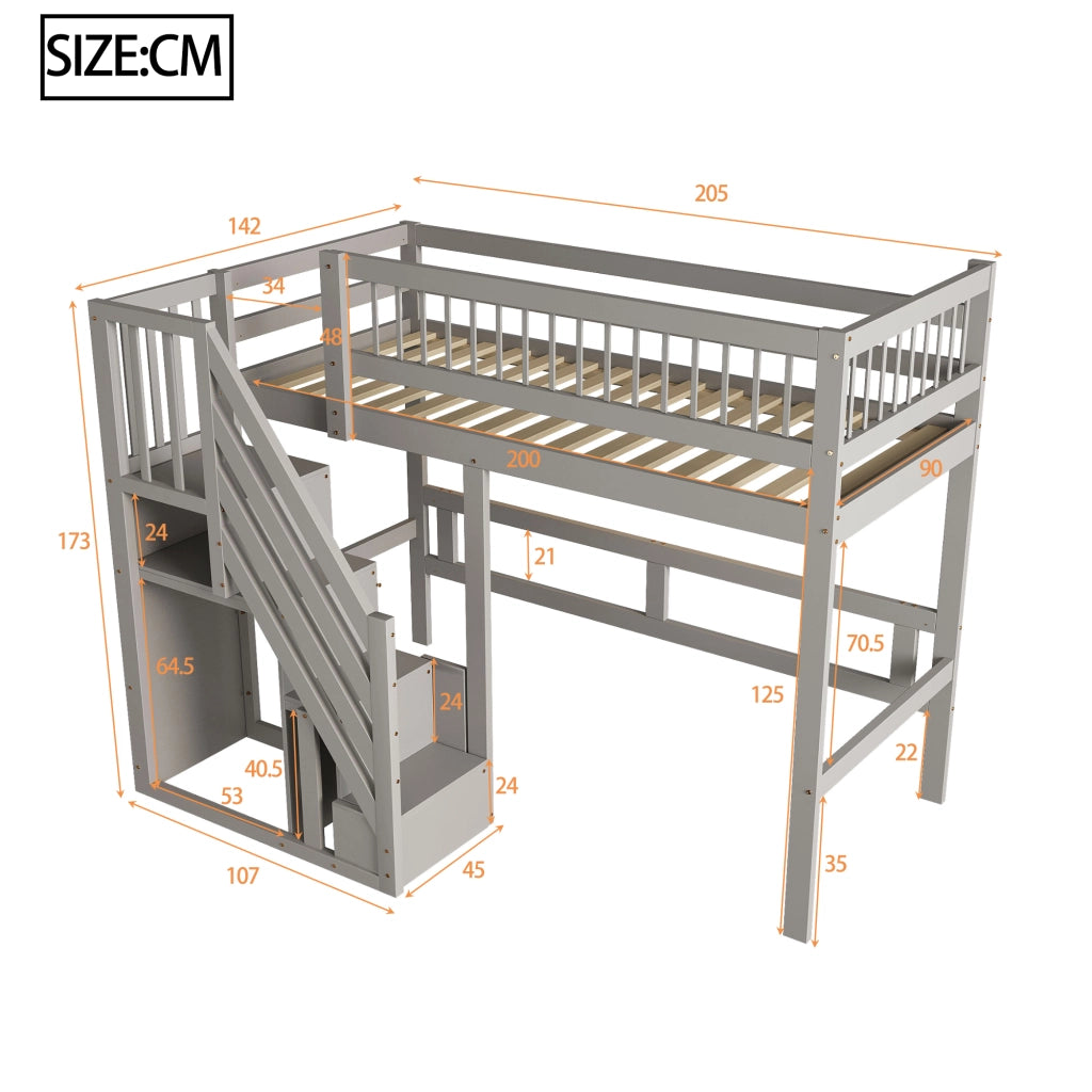 Letto a soppalco in legno massello con scala contenitore e recinzione alta; grigio; 90x200 cm; senza materasso