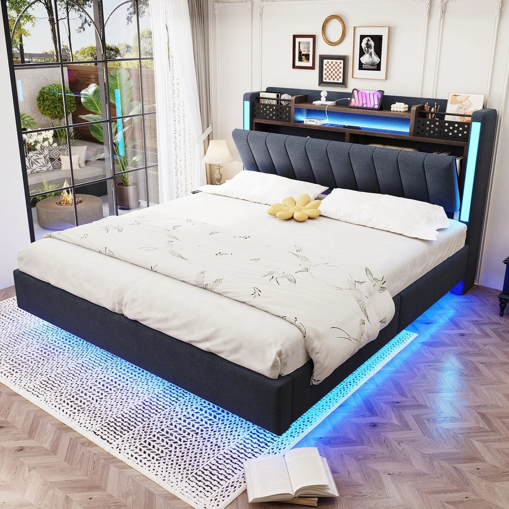 Letto Imbottito con LED e USB ¨C MINIMAL ¨C Tessuto Grigio 140x200 con Contenitore