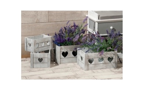 Set 4 Cassette Decorative Casa in Legno con Cuori Vari Misure