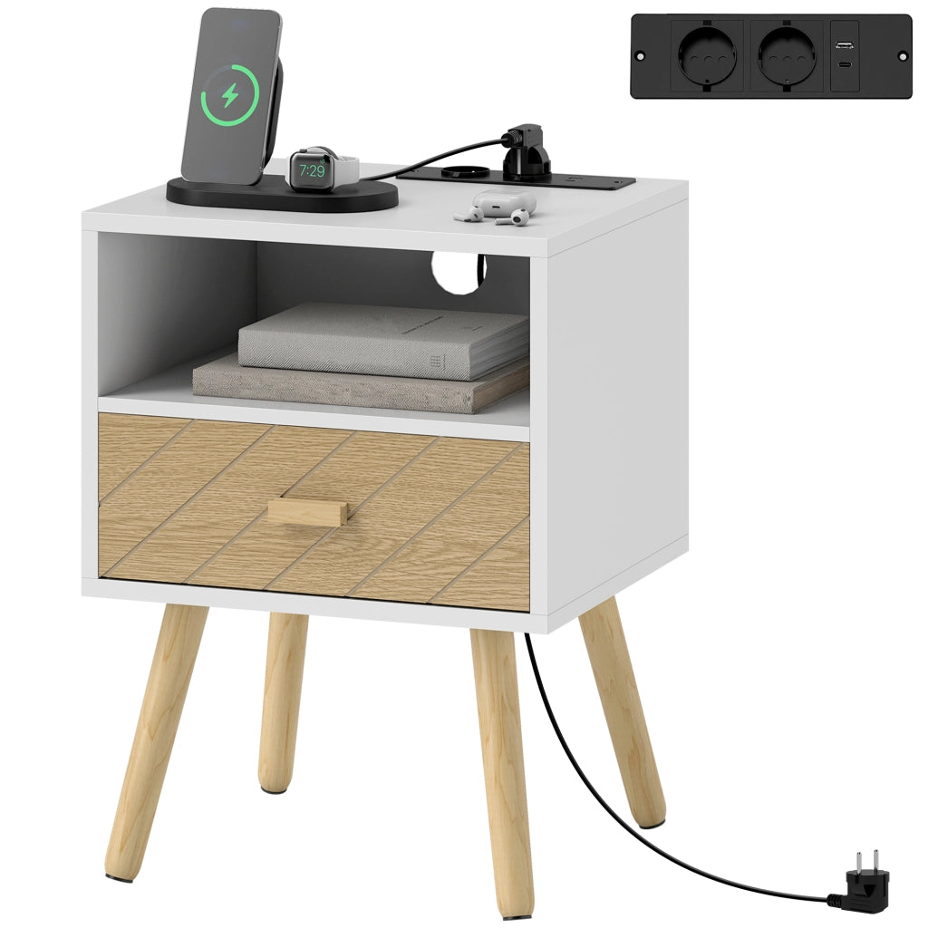 Comodino con Stazione di Ricaricare ¨C zephmum ¨C 2 Prese AC, USB, Tipo-C, Bianco