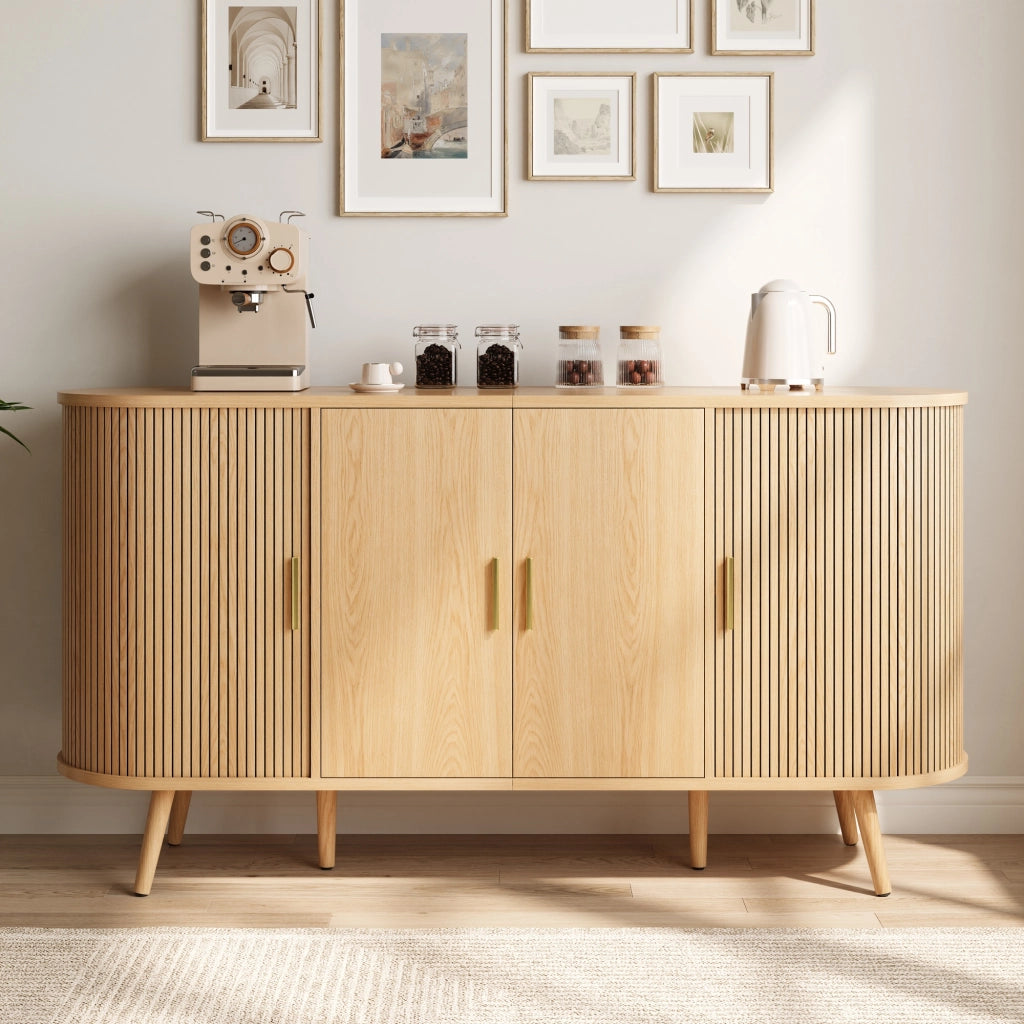 Credenza, mobile per l'ingresso, ante scorrevoli, maniglie in metallo, finitura effetto legno, colore legno naturale