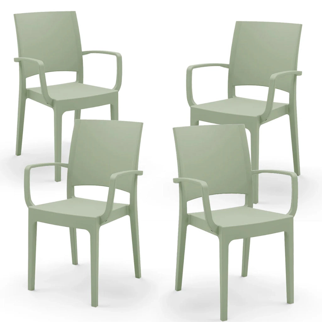 Set 4 sedie con braccioli in polipropilene FLORA, MADE IN ITALY, impilabile, resistente ai raggi UV, design moderno, ideale per interno ed esterno, colore Menta