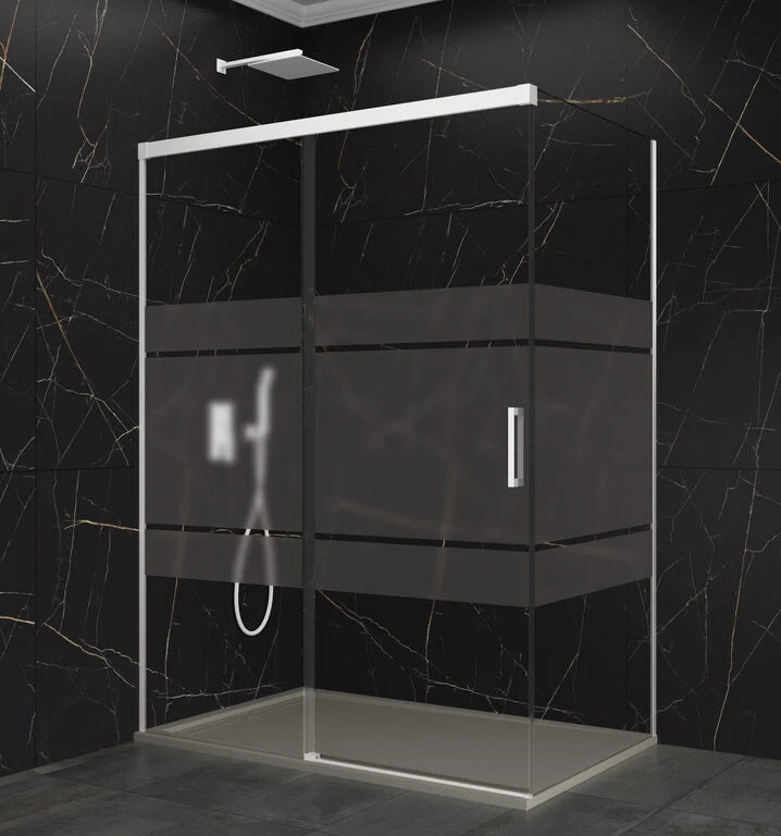 Box doccia angolare BASIC fisso + scorrevole + laterale fisso 140x90 cm (135-140/86,5-89) bianco vetro Frost