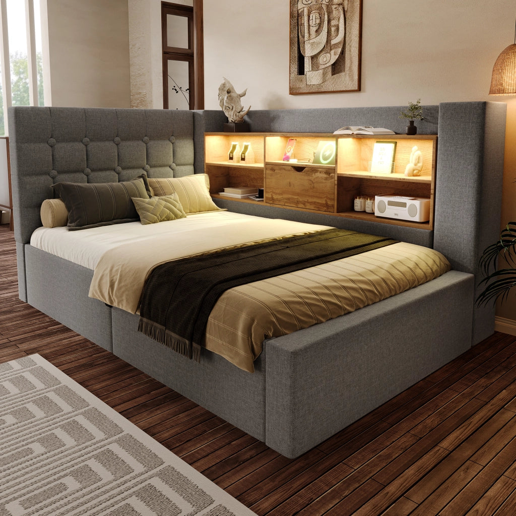 OKWISH Letto contenitore 90×190 cm, Letto singolo con LED, USB e Tipo C, Testiera a L reversibile, senza Materasso, in Lino, Grigio