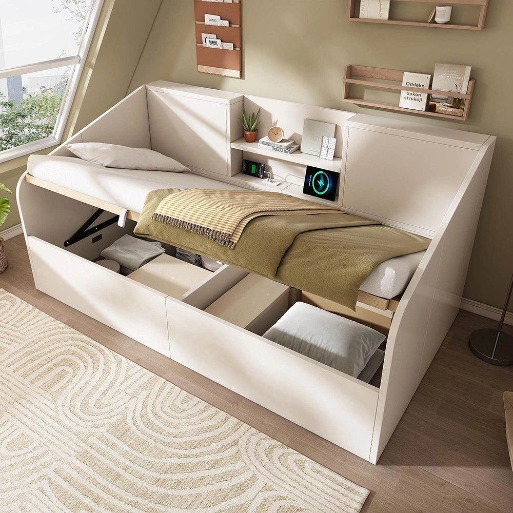 Letto giorno-Xylo-90x200cm legno 2 ripiani USB idraulico bianco senza materasso