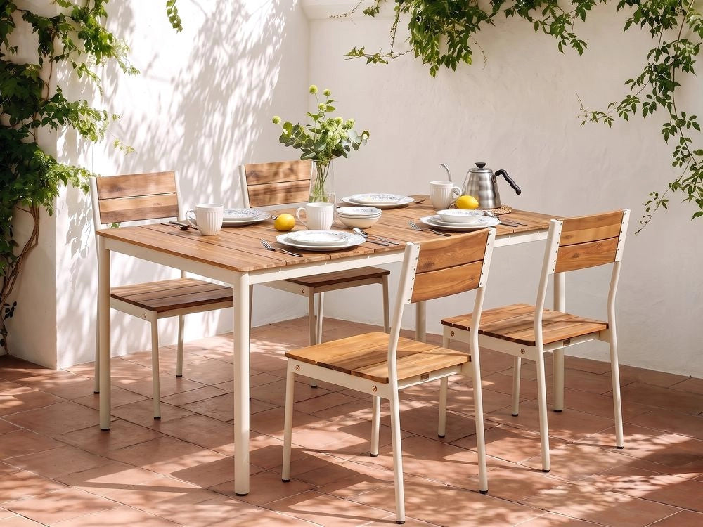 Set da pranzo da giardino con tavolo e 4 sedie in legno di acacia marrone con struttura in acciaio e compensato, 6 posti, moderno