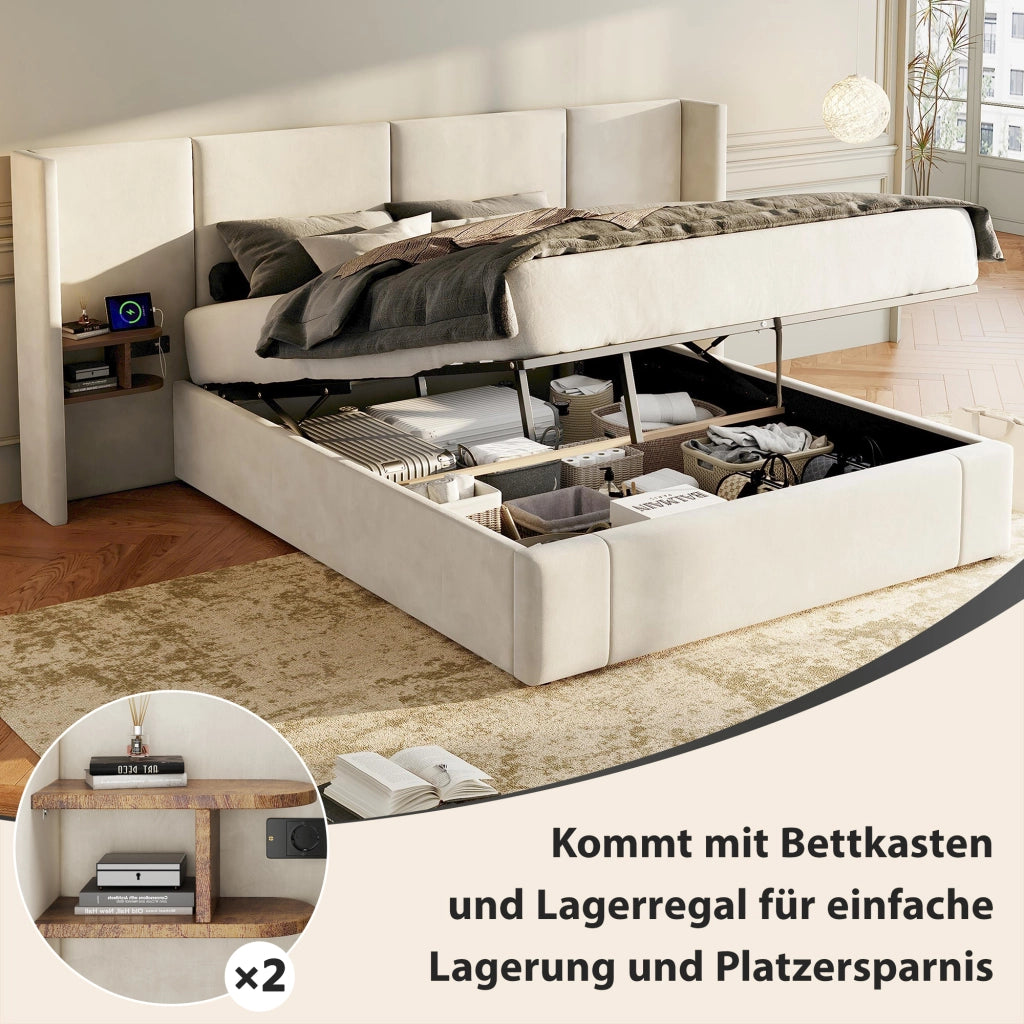 LETTO Contenitore 160x200 cm Velluto Beige con 2 comodini
