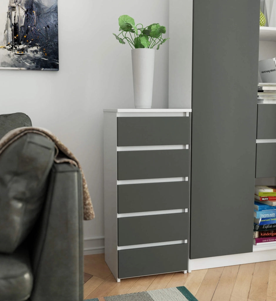 Cassettiera AKORD CL5 Cassettiera Bianca 40 cm 5 cassetti inserto frontale Grigio Grafite 40x35x92 cm