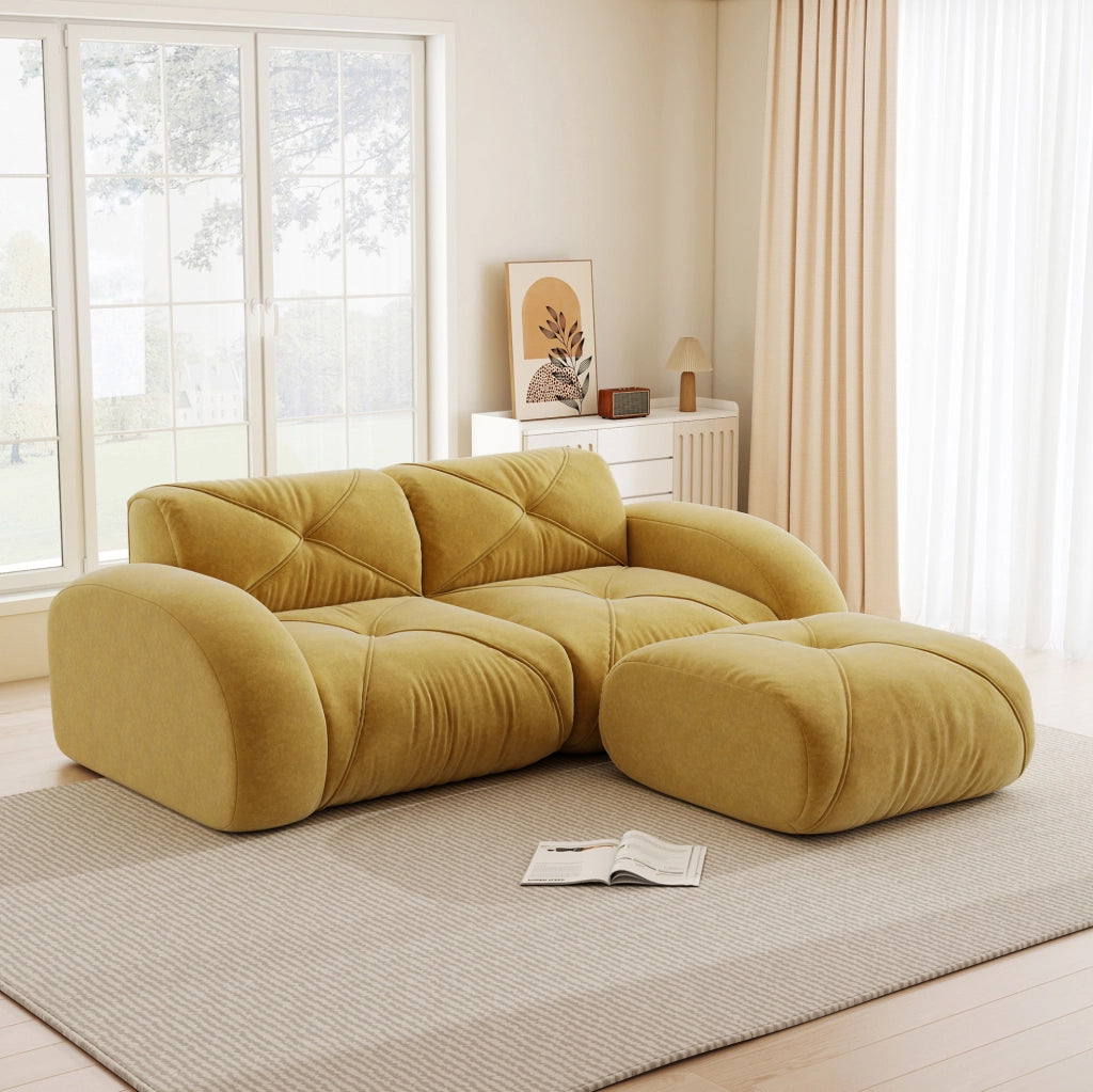Divano modulare 2 posti con pouf in chenille gialla; 204x171x76 cm