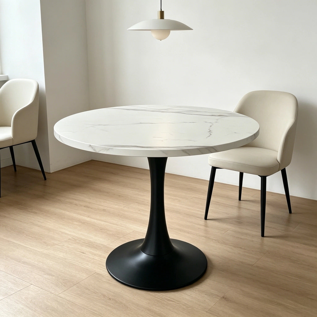 Tavolo rotondo moderno da 80 cm con piano effetto marmo bianco e base in metallo nero