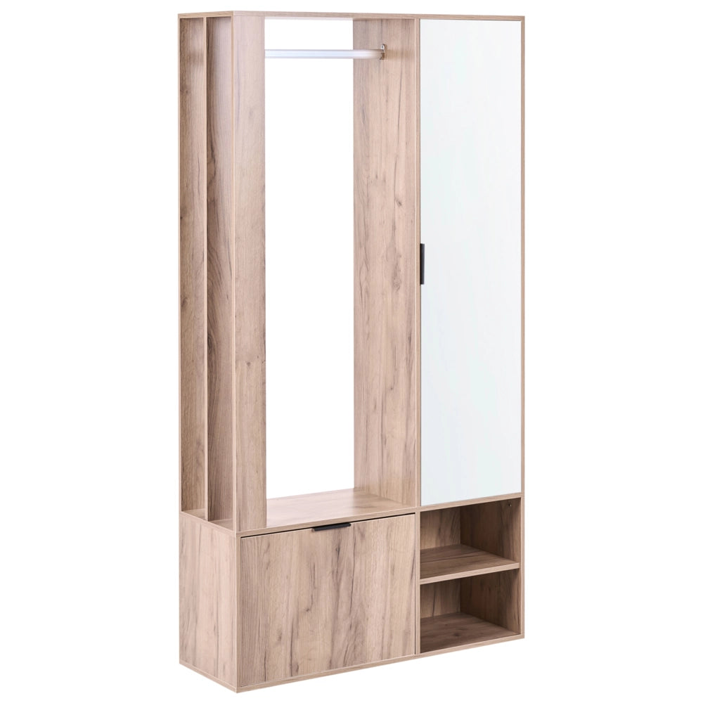 Armadio in truciolato marrone chiaro 100 x 35 x 190 cm con appendiabiti scarpiera mobile da ingresso ante a specchio stile moderno