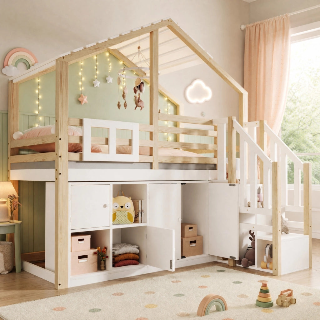 DESMIU Letto a soppalco Letto singolo 1 posto con barriera, contenitori, scala contenitore e finestra 90 × 200 cm, senza materasso