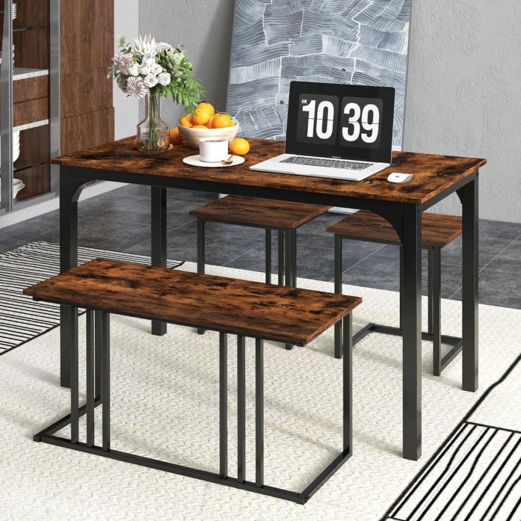 Set di tavolo da pranzo da 4 pezzi per 4 persone, Tavolo da cucina con panca e 2 sgabelli con struttura in metallo Marrone