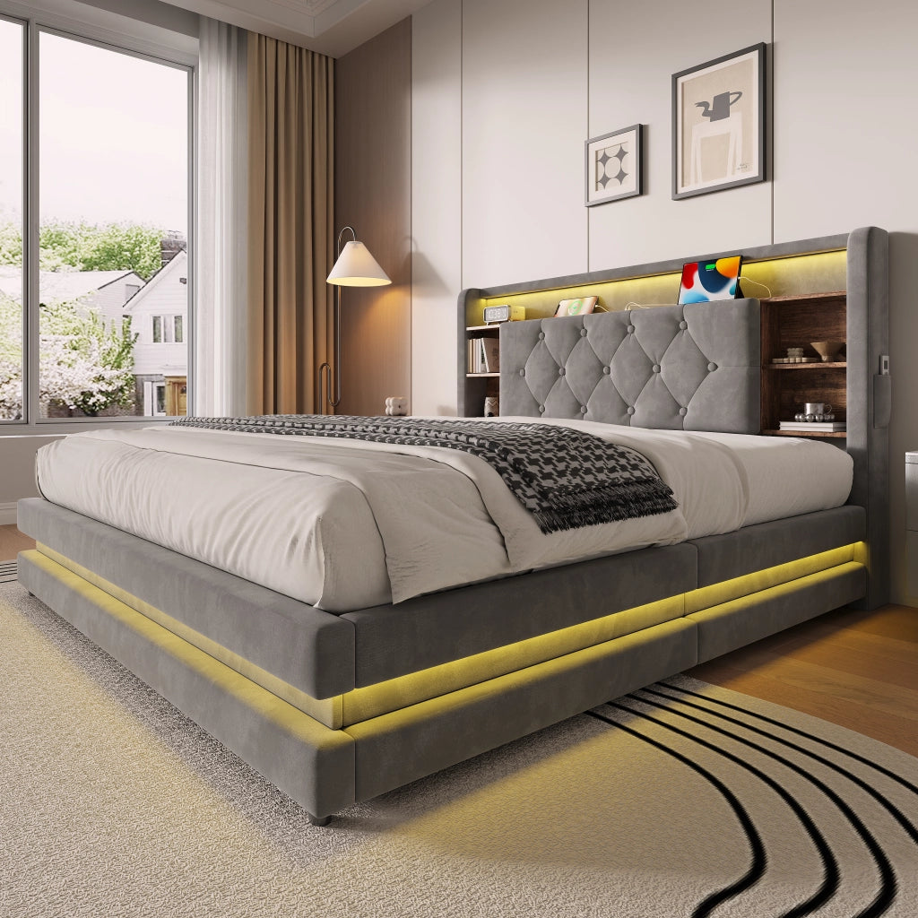 Letto Contenitore 140x200 cm; Letto Matrimoniale con LED; USB; Type-C e Ripiani