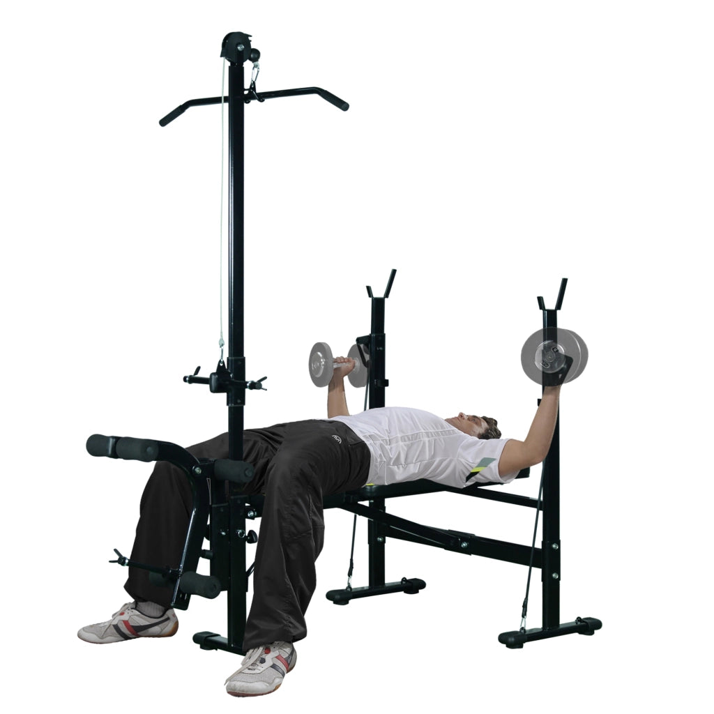 Panca Multifunzione Fitness con Schienale Regolabile e Barra ¨C zephmum ¨C Nero 175x110x202 cm