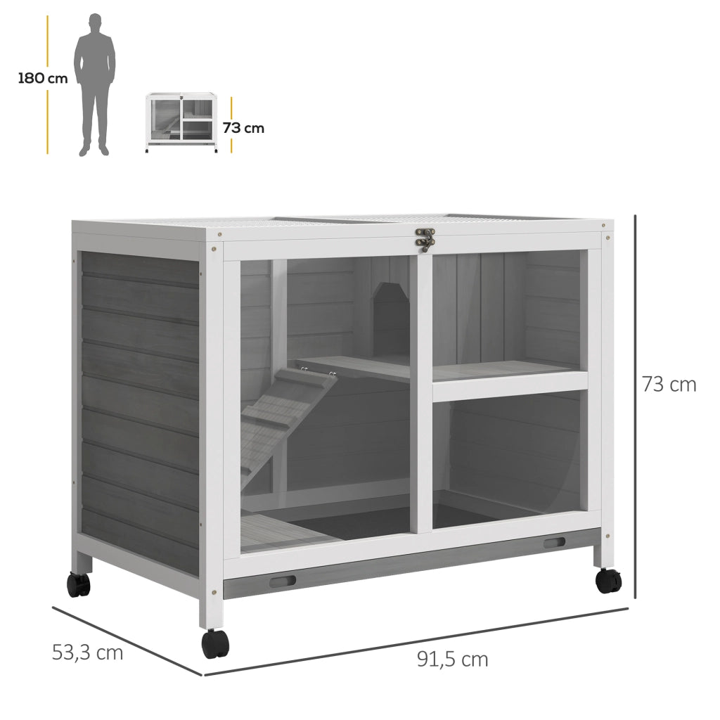 Casetta per conigli a 2 piani in legno massello con ruote ¨C Minimal ¨C 91,5x53,3x73 cm grigio