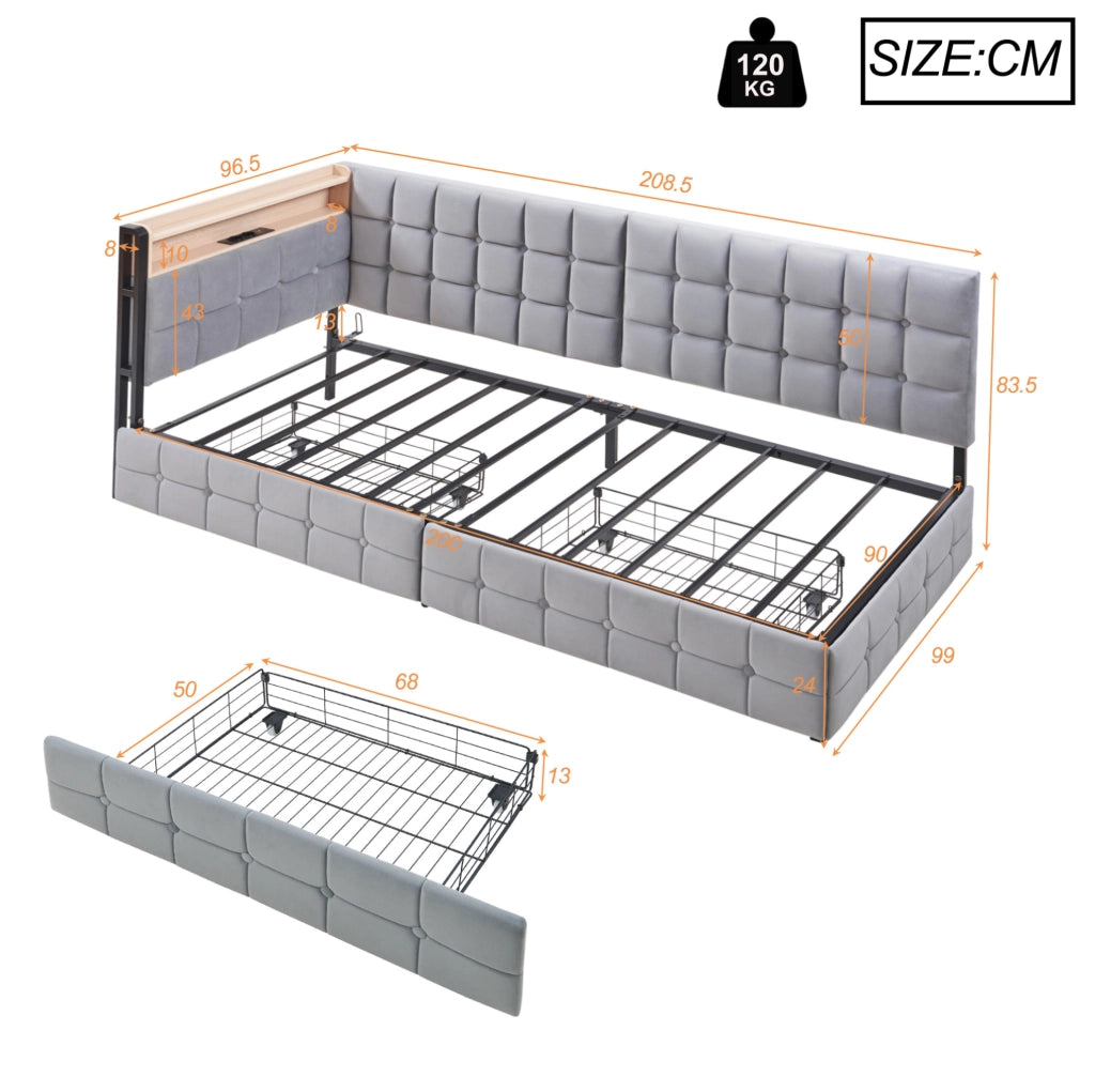 Divano letto imbottito 90x200 cm grigio con LED; 2 cassetti; USB e Type-C