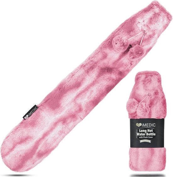 Bottiglia di acqua calda extra lunga con rivestimento in fleece di lusso per collo e spalle - Rosa