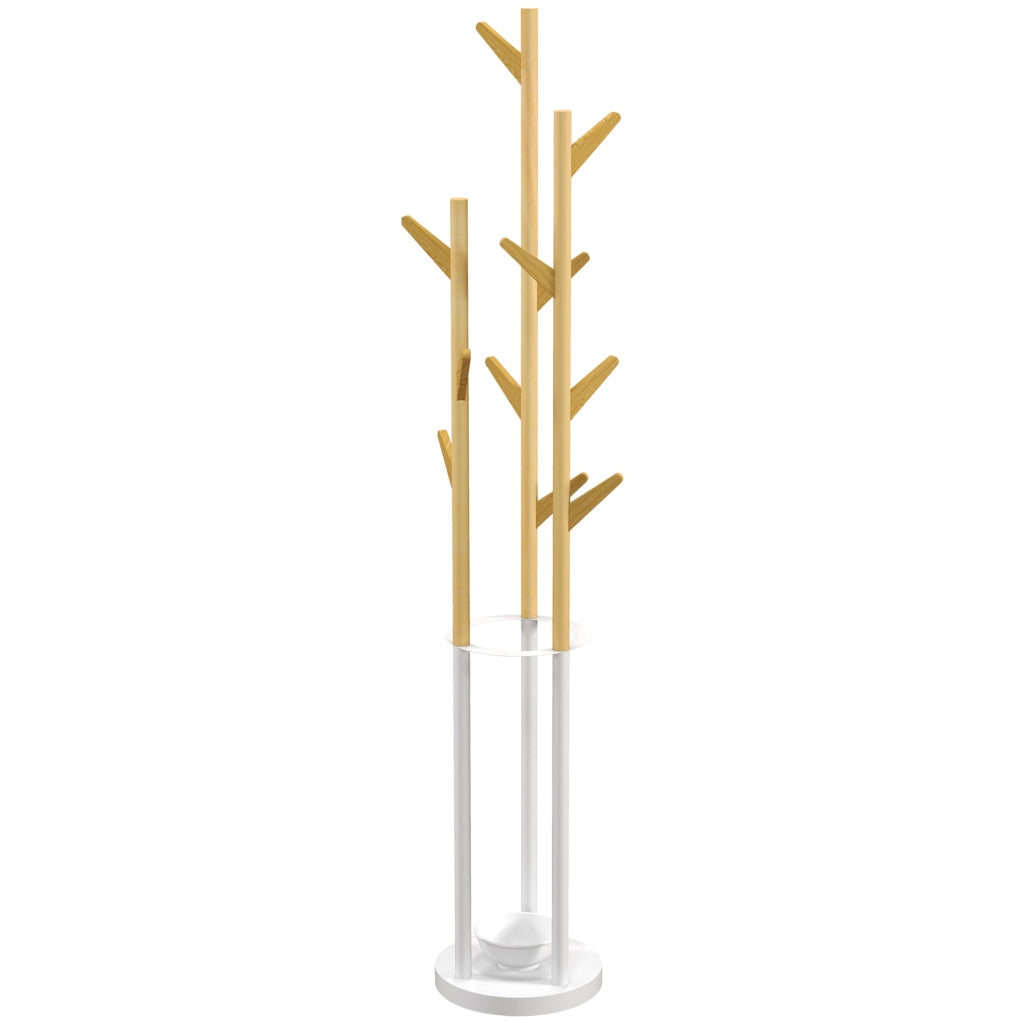Appendiabiti da terra con portaombrelli e 12 ganci ¨C zephmum ¨C metallo bianco e bamb¨´ 90x30x180 cm