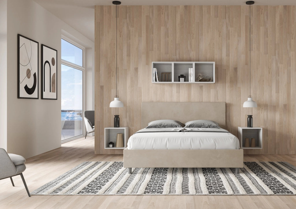BS COM Letto queen size contenitore imbottito 150x190 microfibra sabbia