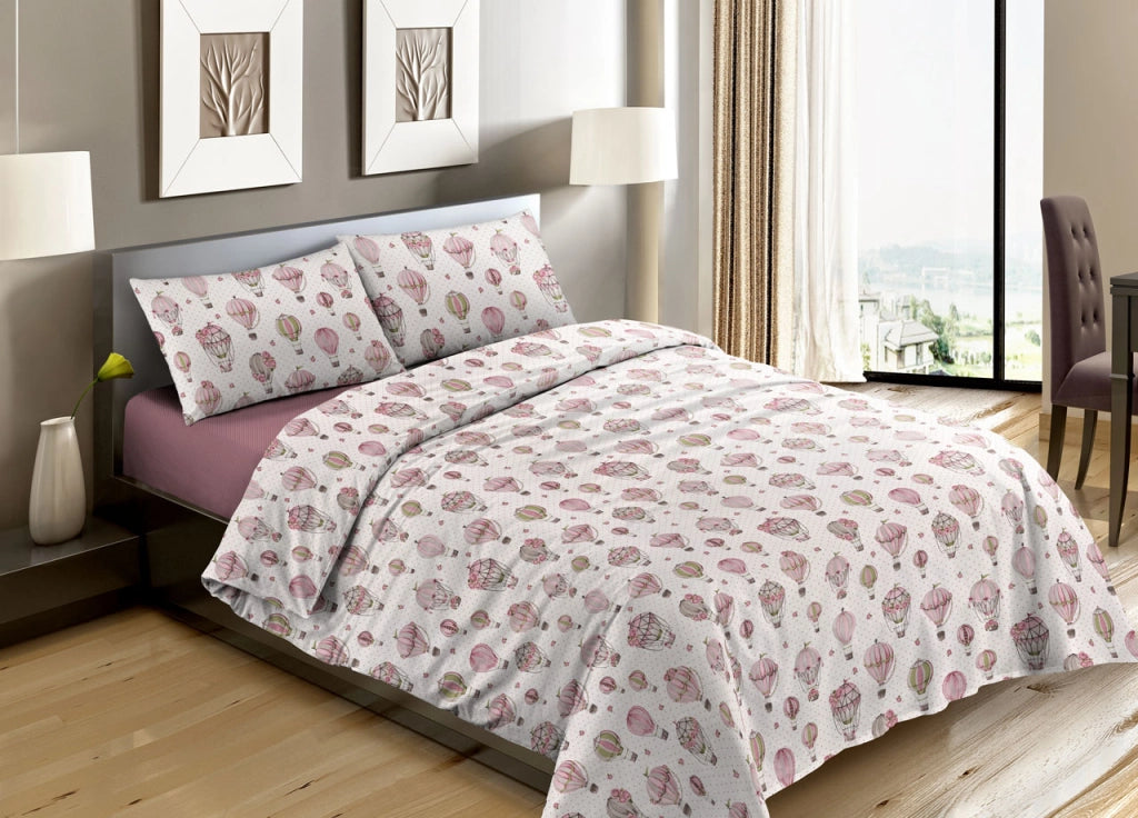 Completo Lenzuola Letto Camera In 100% Cotone Made Italy Vari Disegni RP - 2 Piazze - Mongolfiera Rosa