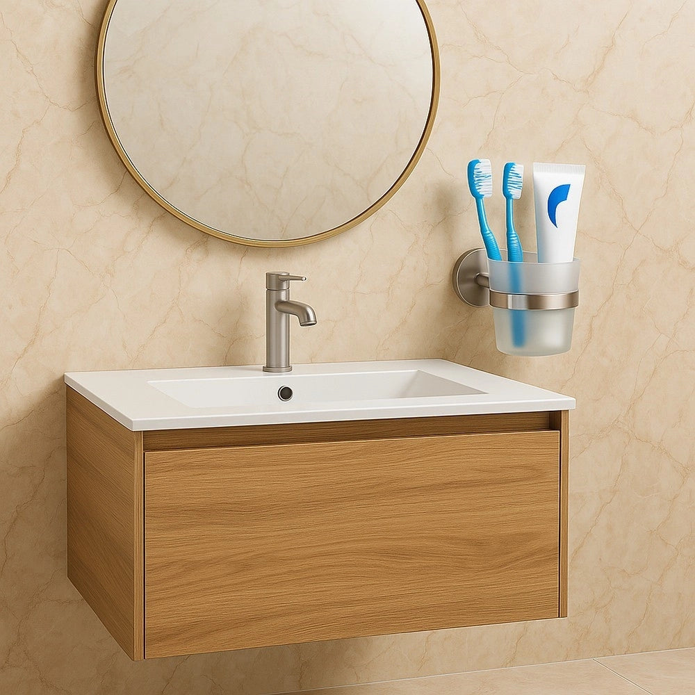 Trade Shop - Porta Spazzolini Da Denti In Acciaio Satinato Con Bicchiere Vetro Satinato Bagno 87906 -
