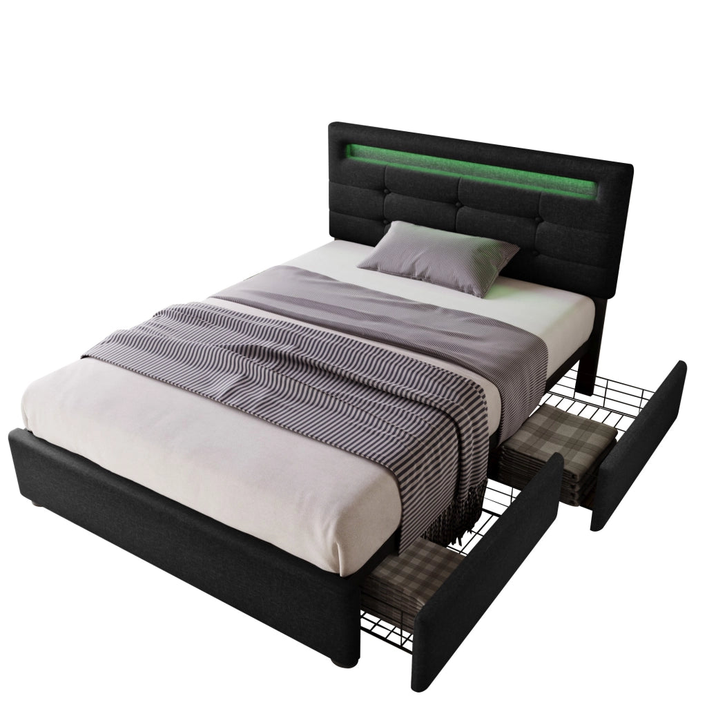 OKWISH Letto Singolo 90×200 cm con 2 Cassetti, Testiera Regolabile e LED, senza Materasso, in Lino, Nero