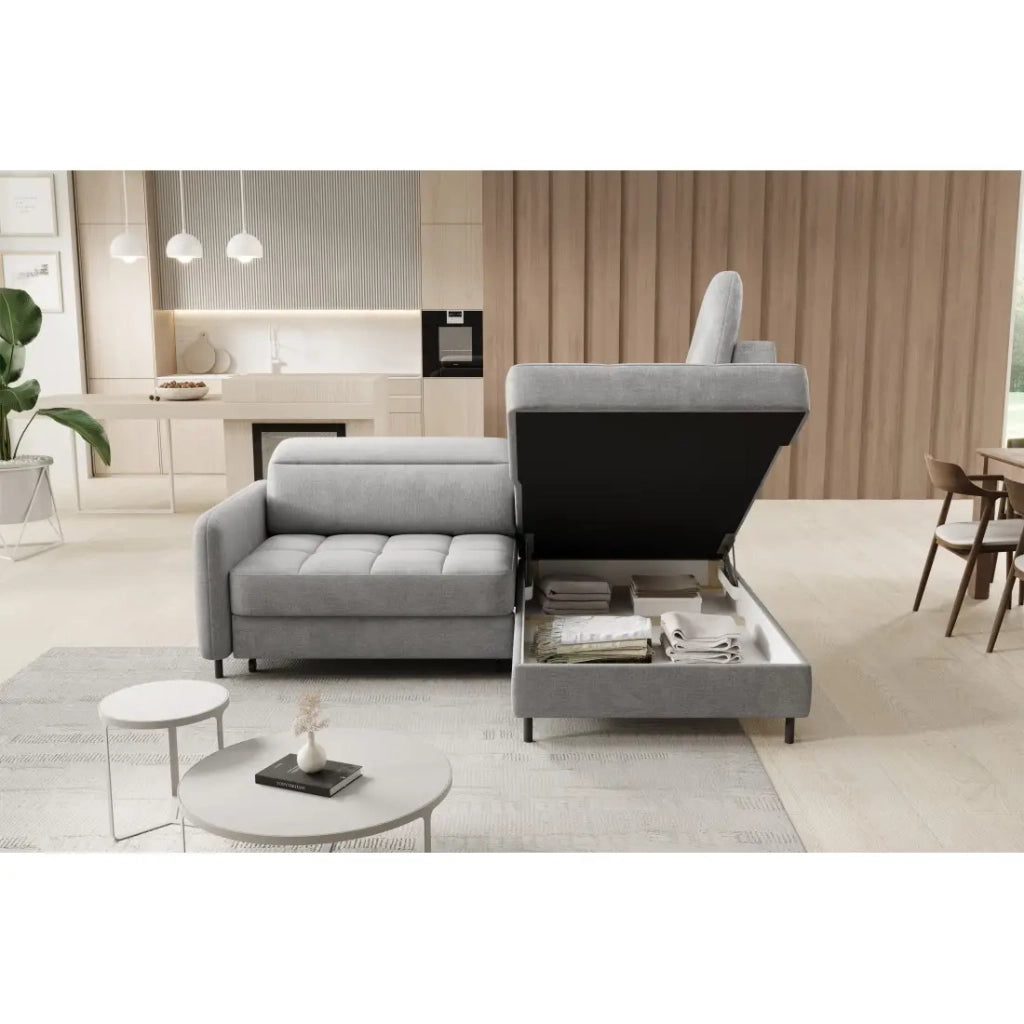 Divano ad angolo destro convertibile BARNEA 208 cm grigio chiaro con vano portaoggetti