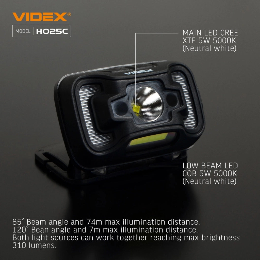 Lampada frontale Videx VLF-H025C 310lm 74m 21h USB-C IP65