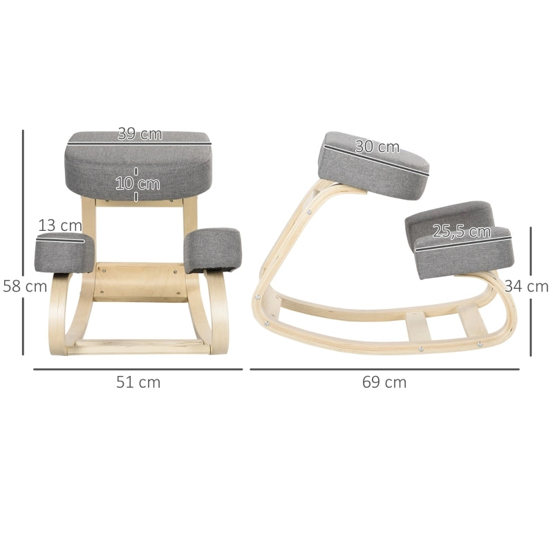 Sedia inginocchiata, sgabello ergonomico, sgabello imbottito per una postura corretta, legno di betulla, portata 120 kg, grigio