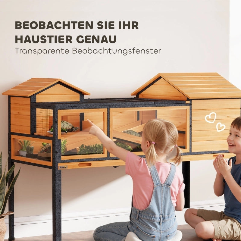 Casa per tartarughe, recinto per piccoli animali, 2 stanze, 2 piani, finestre, rampe, accessori, legno, acciaio, giallo