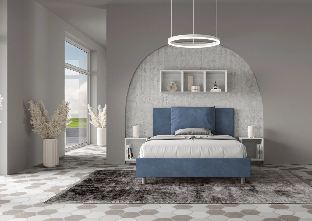 BS COM Letto queen size senza rete imbottito 150x200 microfibra blu