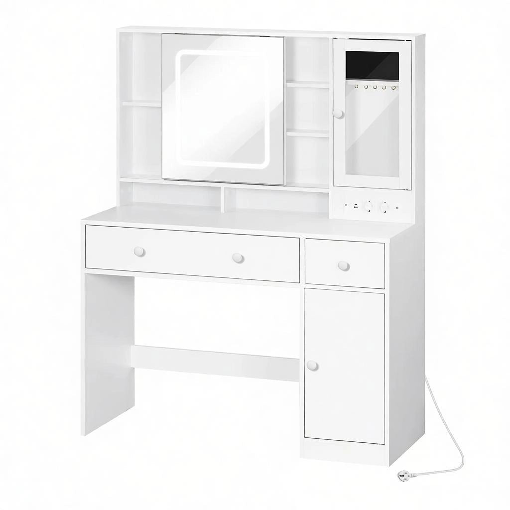 Toeletta con specchio LED; 2 cassetti; armadio e ripiani per camera da letto; 108×40×139 cm