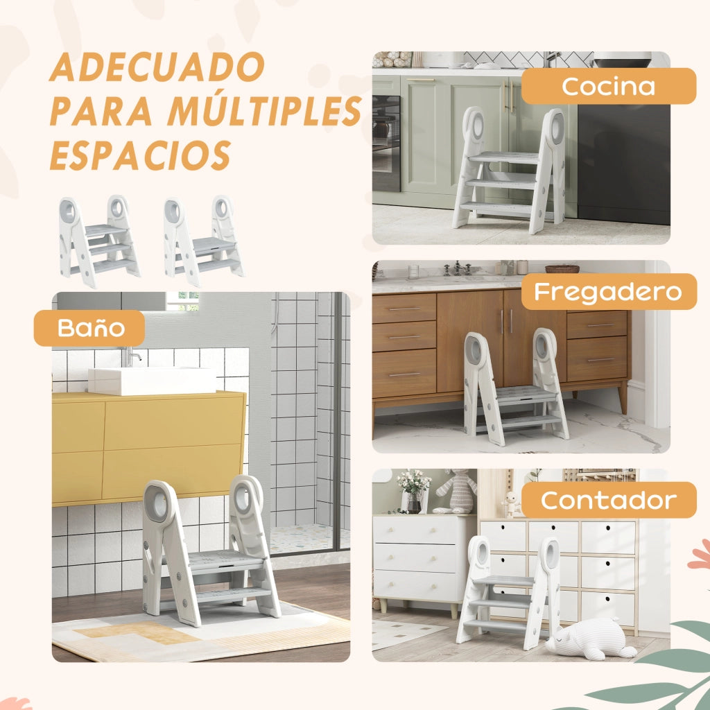 Torre di apprendimento regolabile per bambini ¨C Xylo ¨C Grigio e bianco con scaffale antiscivolo