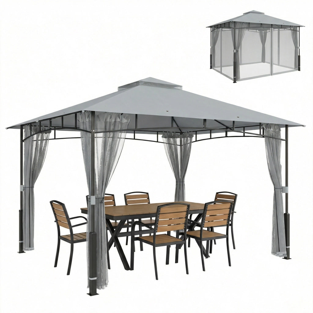 Gazebo da Giardino ¨C Xylo ¨C Doppio Tetto Pareti in Rete UPF50+ Grigio 360x300x275cm
